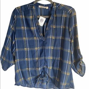 Liberty Love‎ Blue  V Split Neck Plaid Long Sleeve Blouse Large